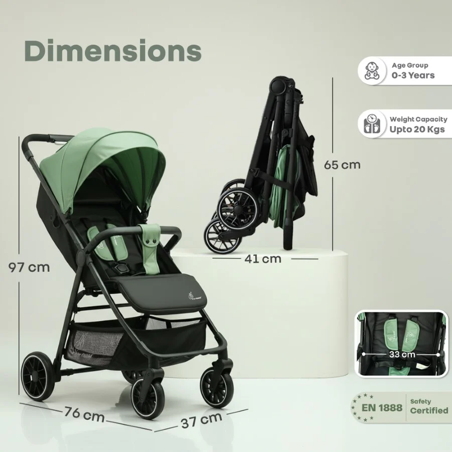 Poppins Neo Baby Stroller, Travel Stroller with 5-Point Harness & One-Hand Fold - Olive Green - Image 8