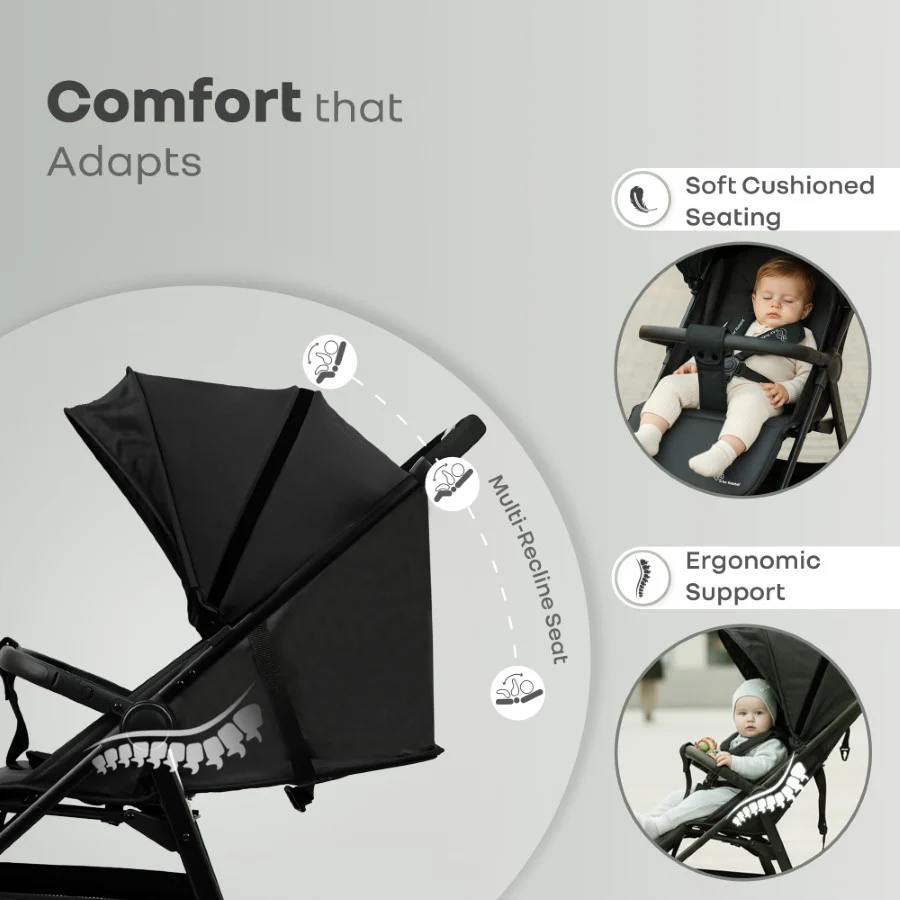 Poppins Neo Baby Stroller, Travel Stroller with 5-Point Harness & One-Hand Fold - Pure Black - Image 3