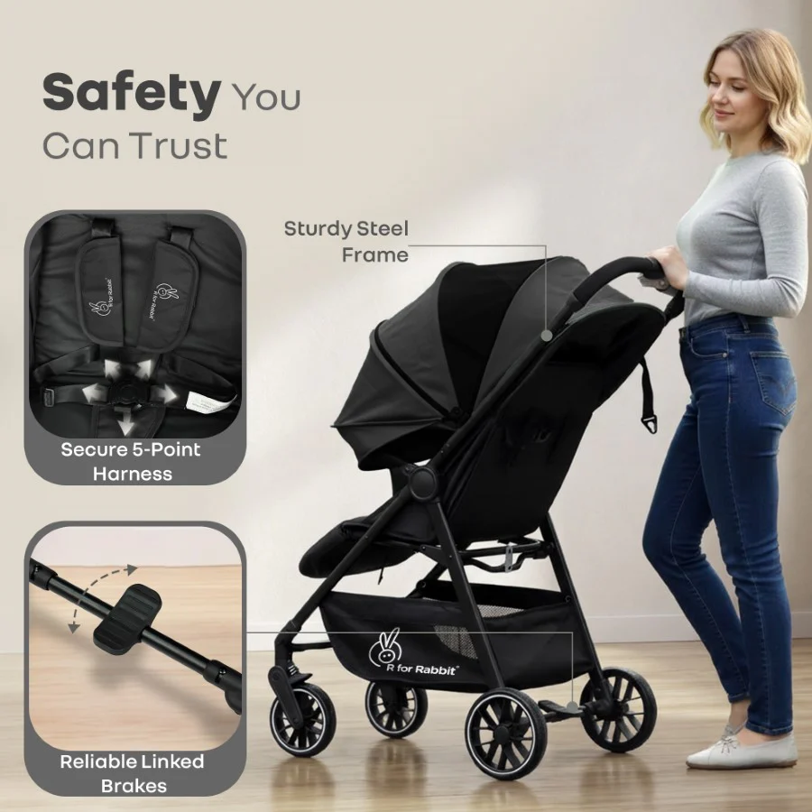 Poppins Neo Baby Stroller, Travel Stroller with 5-Point Harness & One-Hand Fold - Pure Black - Image 4