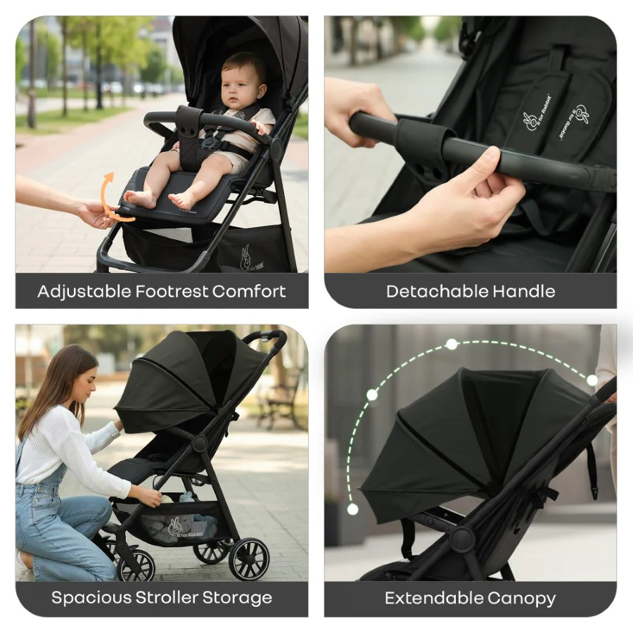 Poppins Neo Baby Stroller, Travel Stroller with 5-Point Harness & One-Hand Fold - Pure Black - Image 5