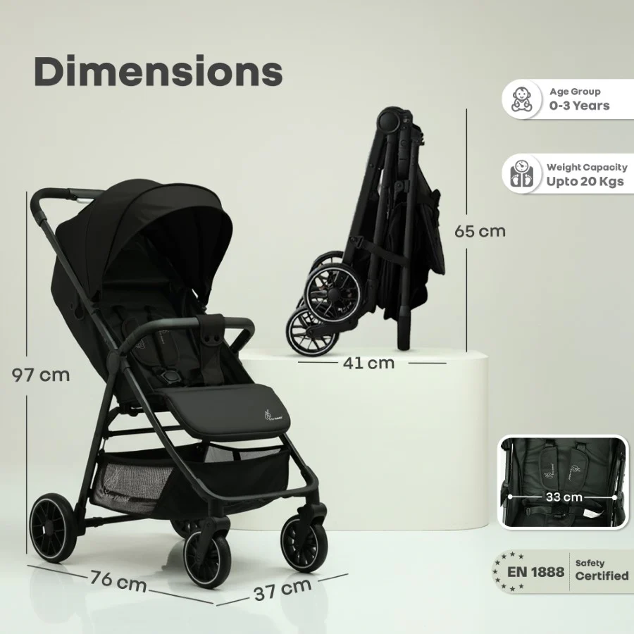 Poppins Neo Baby Stroller, Travel Stroller with 5-Point Harness & One-Hand Fold - Pure Black - Image 8