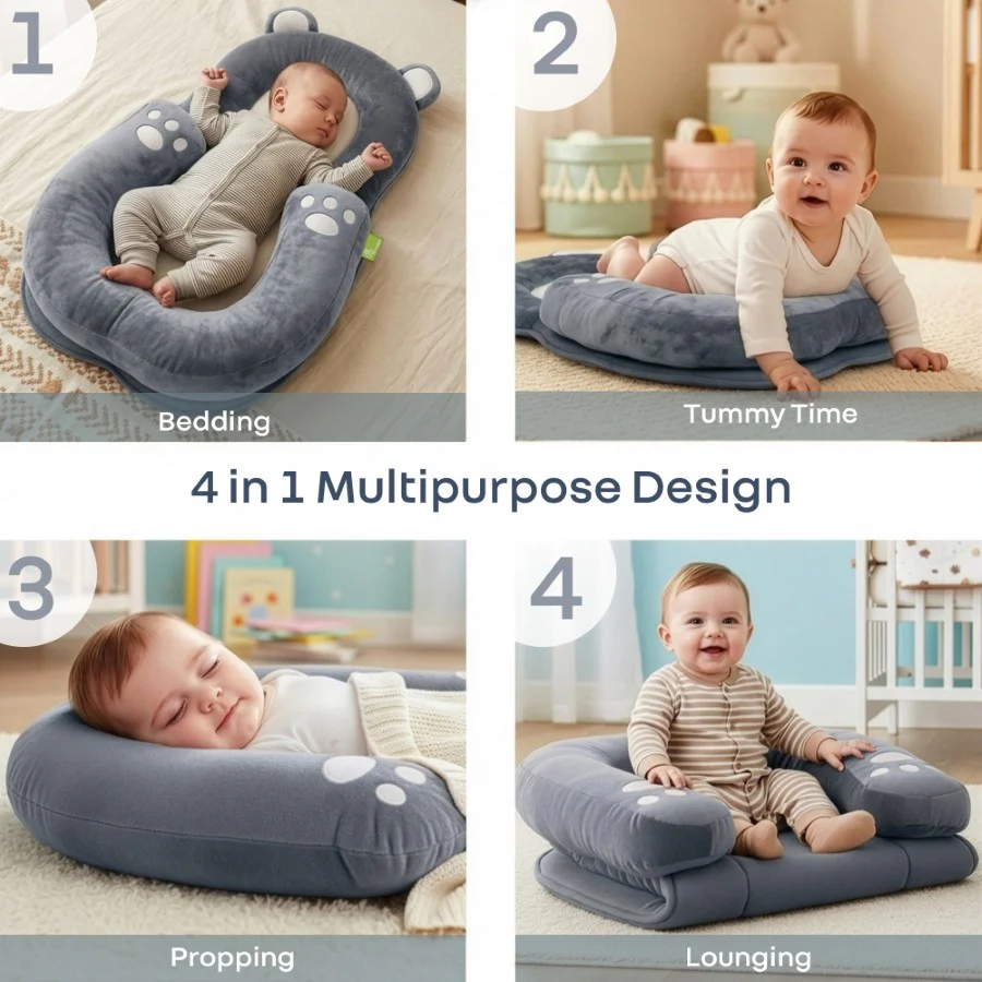 Snuggy Teddy Baby Nest Lounger - 4 in 1 Multipurpose Baby Bedding with Head Support Pillow, Plush Fabric, U-Shaped Cushion Design & Travel Friendly Baby Nest (0+ Months) - Image 11