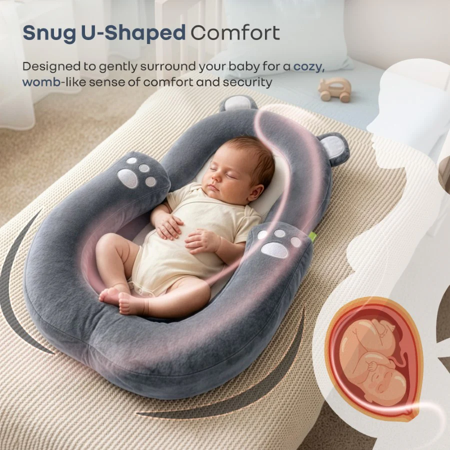 Snuggy Teddy Baby Nest Lounger - 4 in 1 Multipurpose Baby Bedding with Head Support Pillow, Plush Fabric, U-Shaped Cushion Design & Travel Friendly Baby Nest (0+ Months) - Image 13