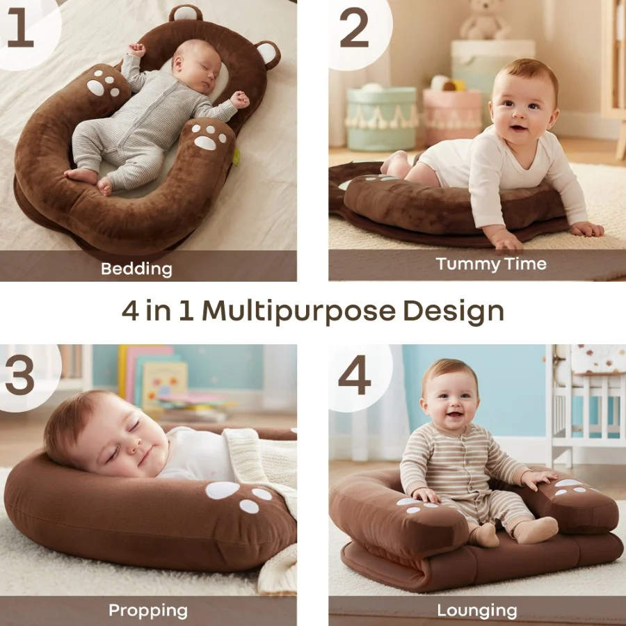 Snuggy Teddy Baby Nest Lounger - 4 in 1 Multipurpose Baby Bedding with Head Support Pillow, Plush Fabric, U-Shaped Cushion Design & Travel Friendly Baby Nest (0+ Months) - Image 2