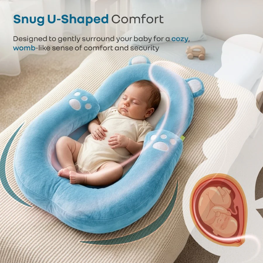 Snuggy Teddy Baby Nest Lounger - 4 in 1 Multipurpose Baby Bedding with Head Support Pillow, Plush Fabric, U-Shaped Cushion Design & Travel Friendly Baby Nest (0+ Months) - Image 22
