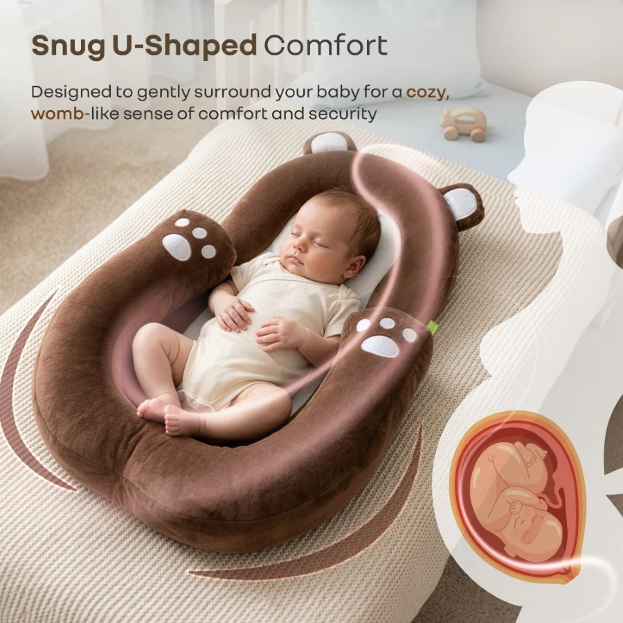 Snuggy Teddy Baby Nest Lounger - 4 in 1 Multipurpose Baby Bedding with Head Support Pillow, Plush Fabric, U-Shaped Cushion Design & Travel Friendly Baby Nest (0+ Months) - Image 4