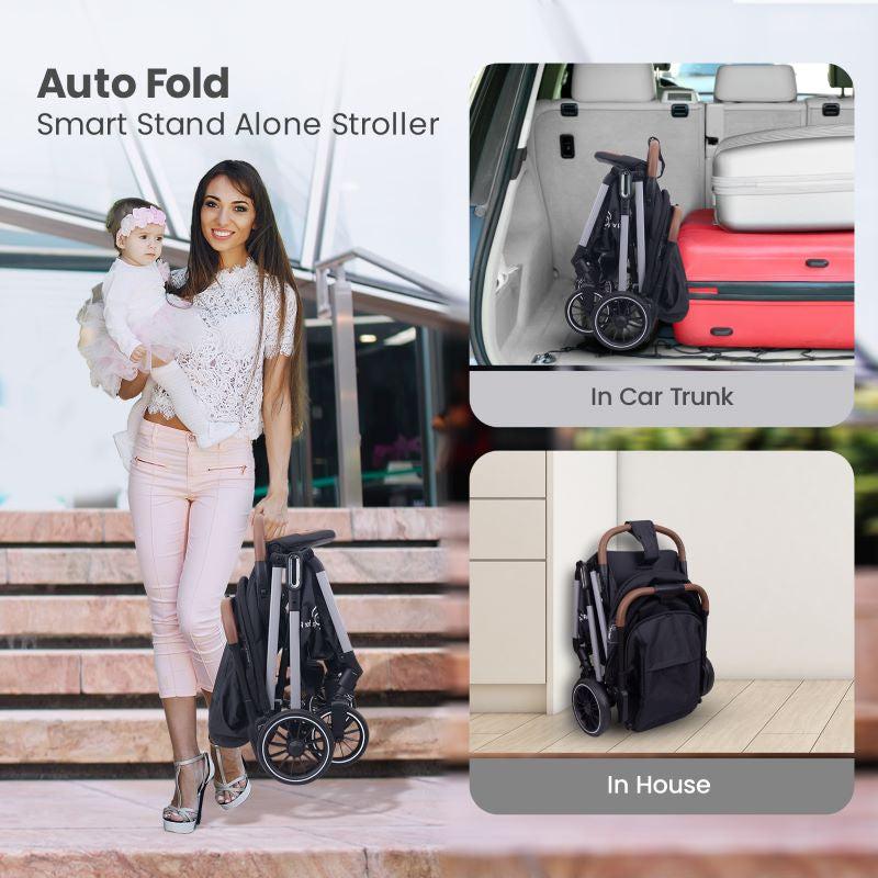 Street Smart Auto Fold Stroller for Kids With Personalized Name Plate - Pure Black - Image 4