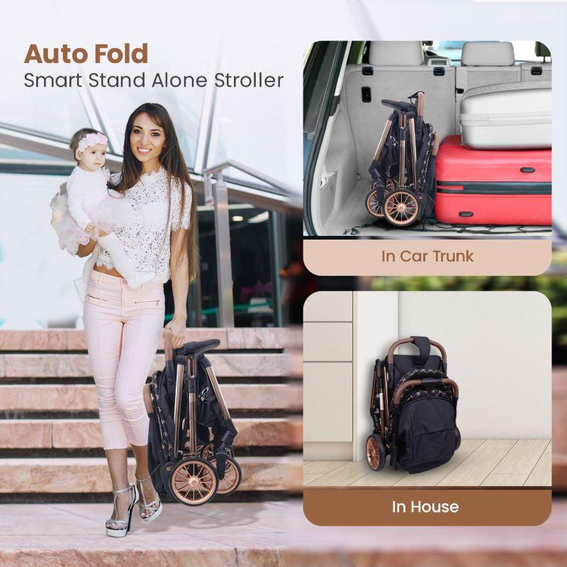 Street Smart Auto Fold Stroller for Kids With Personalized Name Plate - Gold Black - Image 4