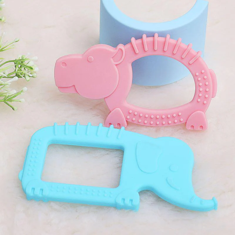 Tiny Bites Safari – Cute Baby Silicone Teether - Elephant Blue + Hippo Pink