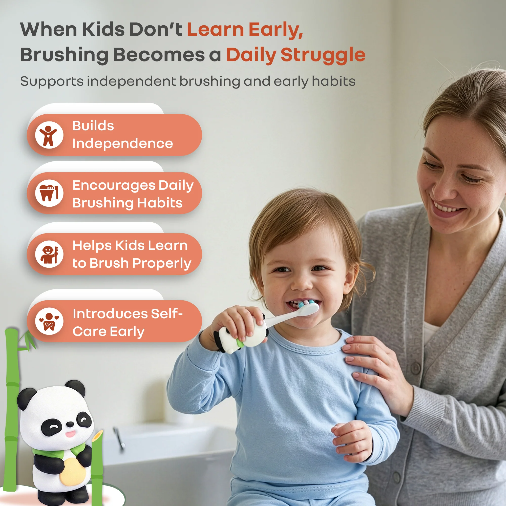 Tiny Smiles Panda Kids Toothbrush, Ultra Soft PBT Bristles, BPA Free, Self-Standing with Travel Case - Image 15