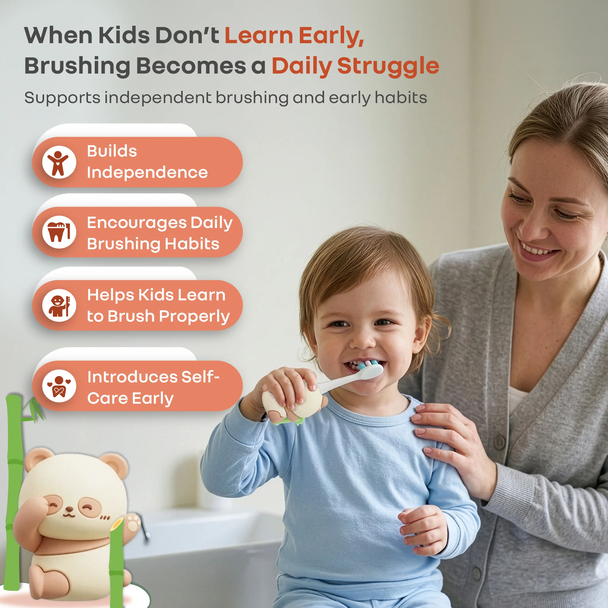 Tiny Smiles Panda Kids Toothbrush, Ultra Soft PBT Bristles, BPA Free, Self-Standing with Travel Case - Image 8