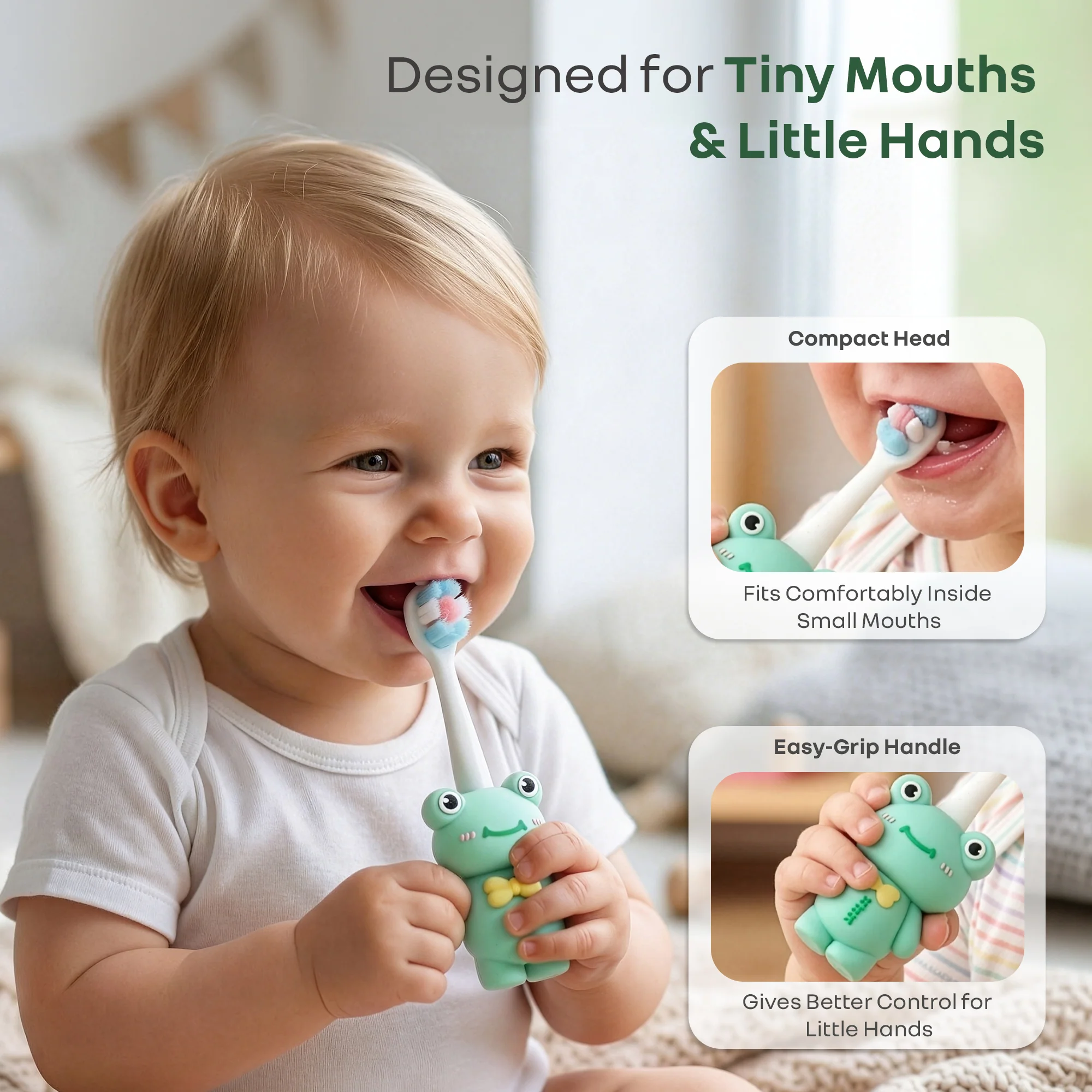 Tiny Smiles Zoobie Kids Toothbrush 2+ Years, Ultra Soft PBT Bristles, Self Standing Animal Design - Image 4