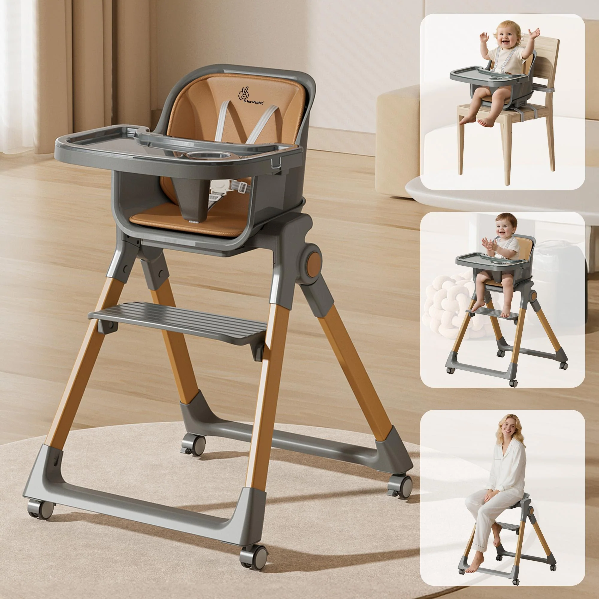 Walnut High Chair - 3 in 1 Convertible kids Highchair with Booster & Stool - Dark Grey
