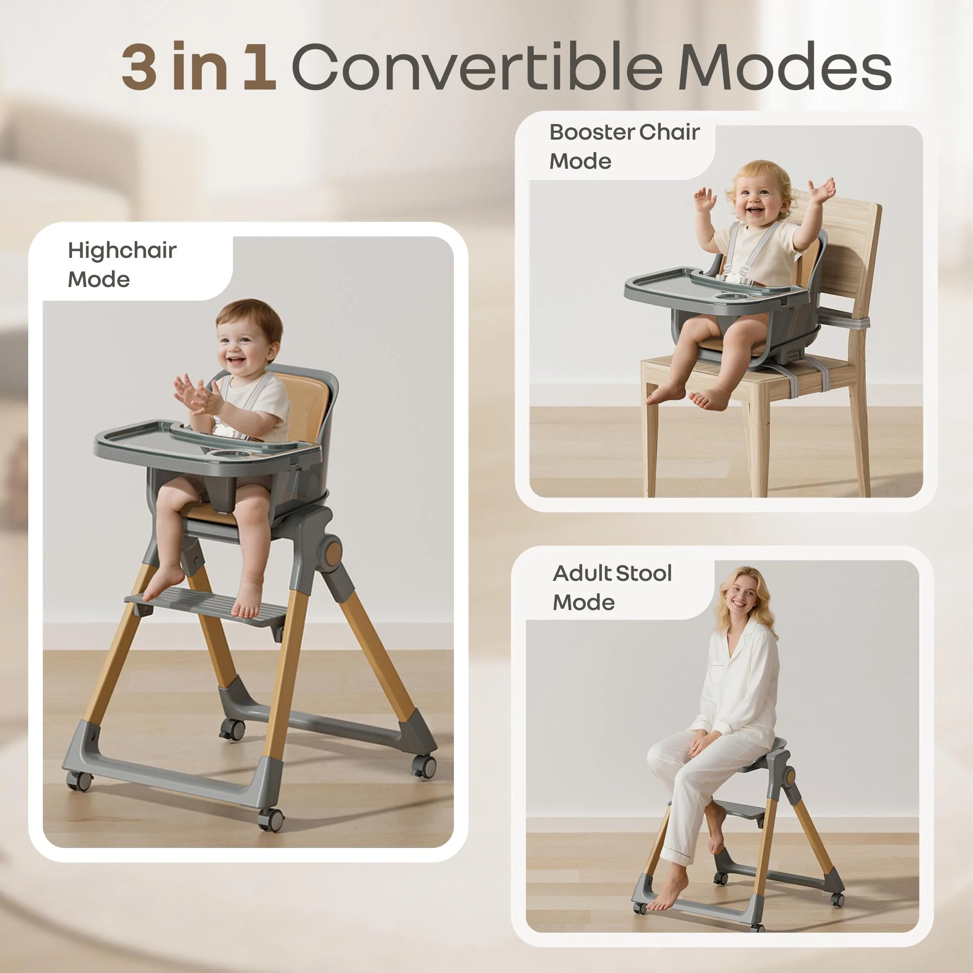 Walnut High Chair - 3 in 1 Convertible kids Highchair with Booster & Stool - Dark Grey - Image 2