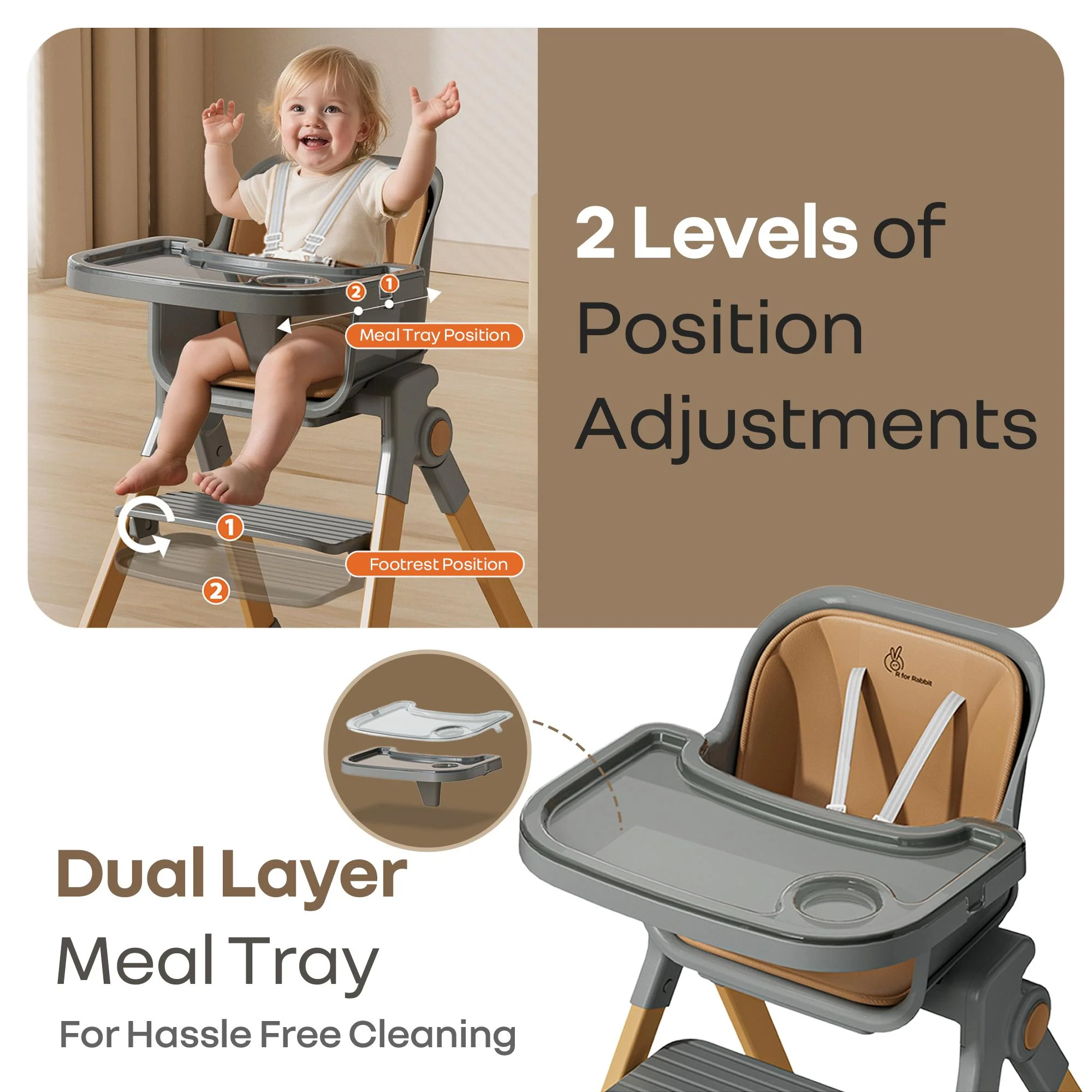 Walnut High Chair - 3 in 1 Convertible kids Highchair with Booster & Stool - Dark Grey - Image 4