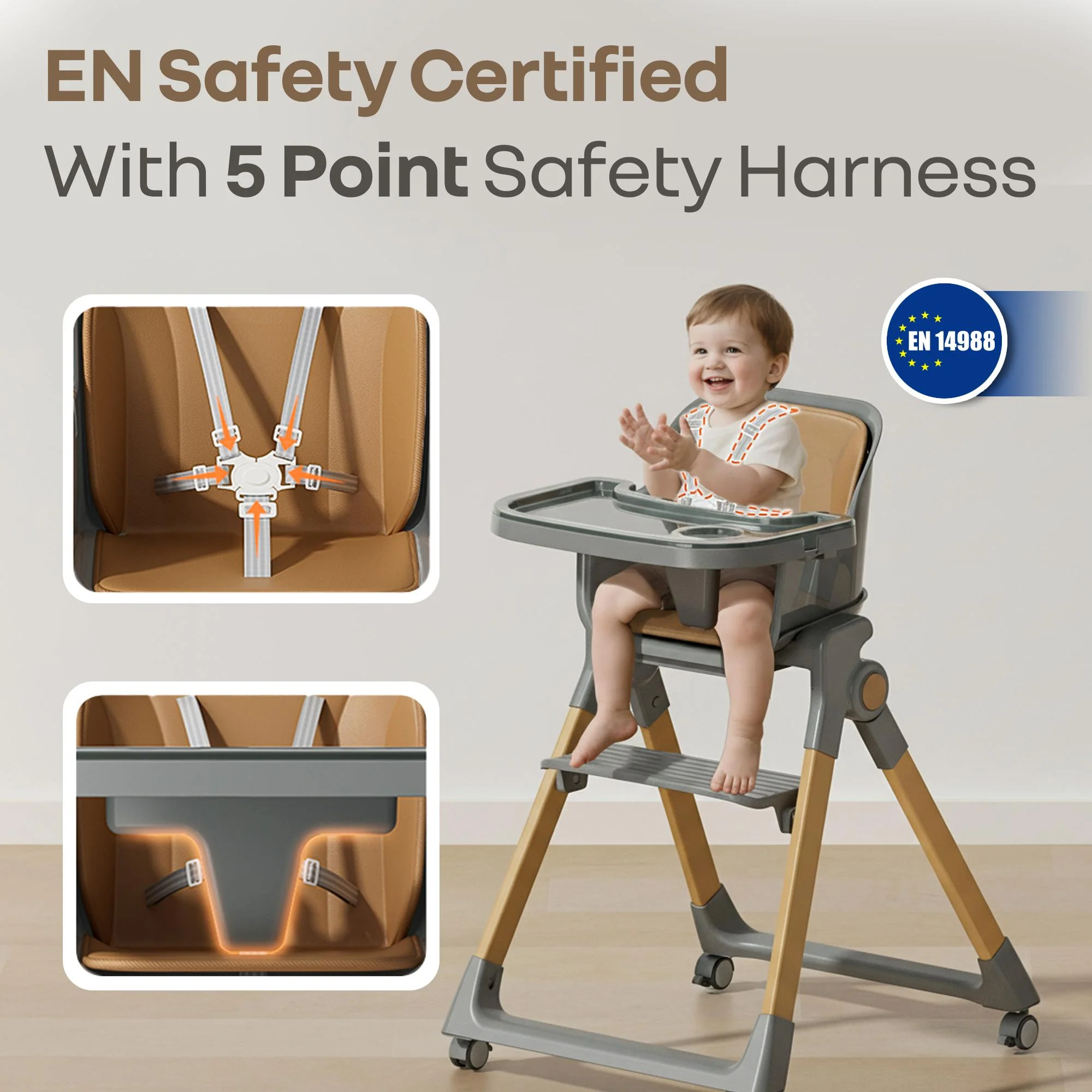 Walnut High Chair - 3 in 1 Convertible kids Highchair with Booster & Stool - Dark Grey - Image 5