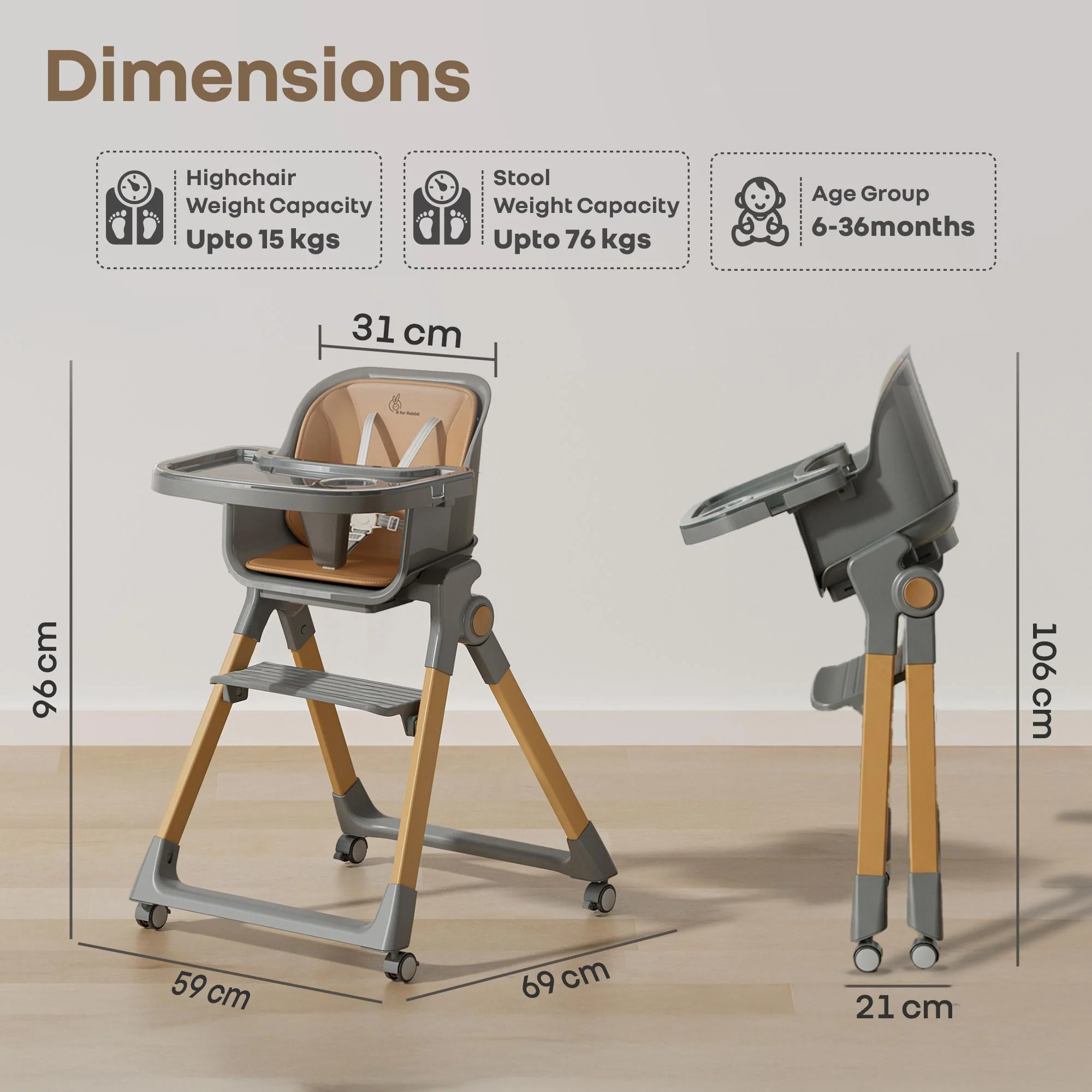 Walnut High Chair - 3 in 1 Convertible kids Highchair with Booster & Stool - Dark Grey - Image 9